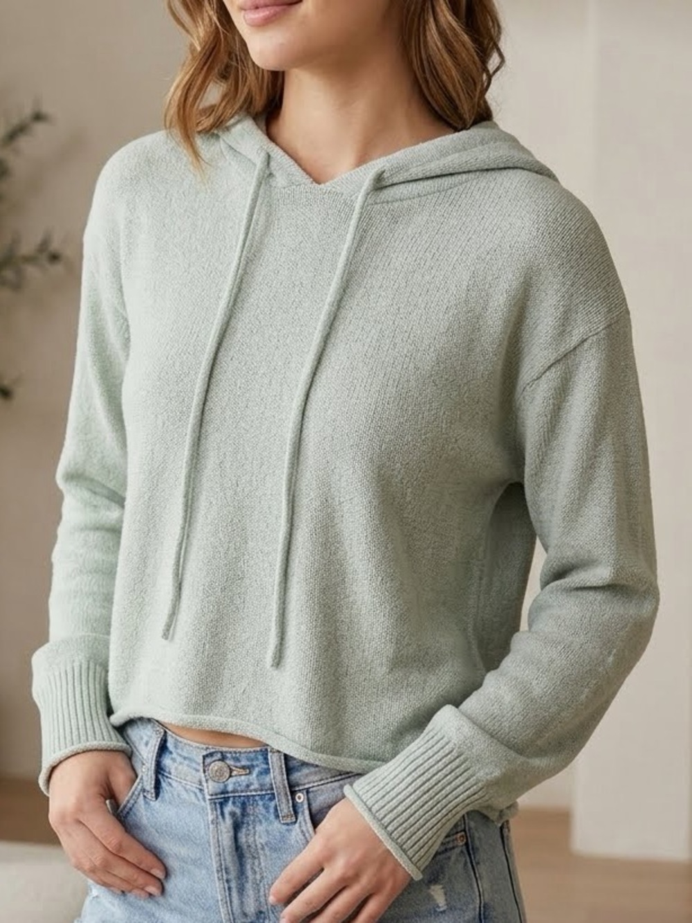 GARAGE Light Sage Knit Hoodie for Women - Casual Pullover! S